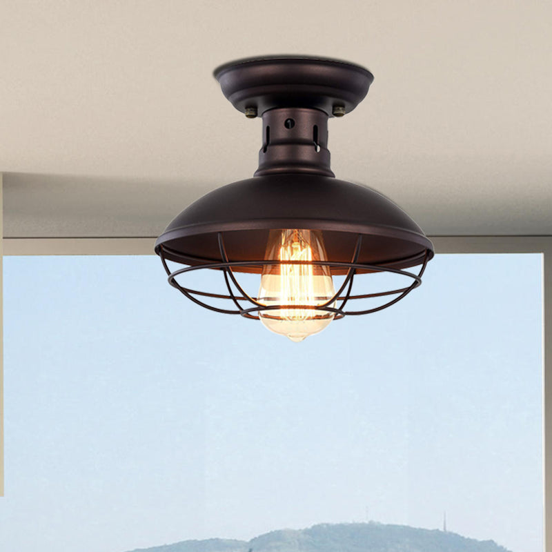Iron Barn Flush Mount Lighting Antiqued 1 Head Living Room Flush Ceiling Lamp in Bronze/Coffee with Cage Coffee Clearhalo 'Ceiling Lights' 'Close To Ceiling Lights' 'Close to ceiling' 'Flush mount' 'Industrial Flush Mount' Lighting' 537320
