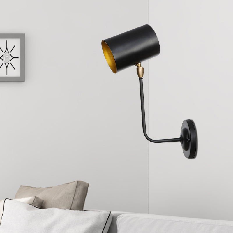 Antiqued Right Angle Arm Sconce 1 Bulb 6"/10" T Iron Wall Mounted Light in Black and Inner Gold with Cylinder Shade Black Clearhalo 'Art deco wall lights' 'Cast Iron' 'Glass' 'Industrial wall lights' 'Industrial' 'Middle century wall lights' 'Modern' 'Rustic wall lights' 'Tiffany' 'Traditional wall lights' 'Wall Lamps & Sconces' 'Wall Lights' Lighting' 537415