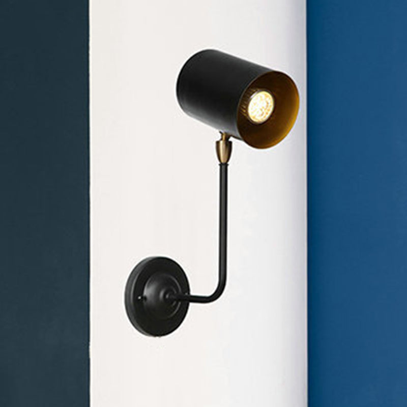 Antiqued Right Angle Arm Sconce 1 Bulb 6"/10" T Iron Wall Mounted Light in Black and Inner Gold with Cylinder Shade Clearhalo 'Art deco wall lights' 'Cast Iron' 'Glass' 'Industrial wall lights' 'Industrial' 'Middle century wall lights' 'Modern' 'Rustic wall lights' 'Tiffany' 'Traditional wall lights' 'Wall Lamps & Sconces' 'Wall Lights' Lighting' 537416