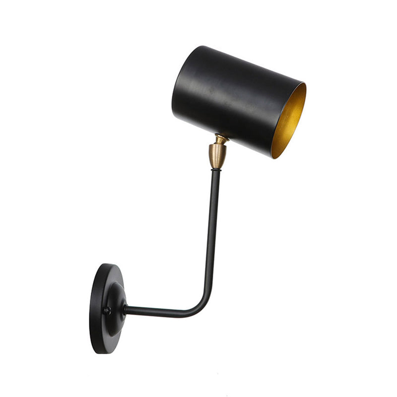 Antiqued Right Angle Arm Sconce 1 Bulb 6"/10" T Iron Wall Mounted Light in Black and Inner Gold with Cylinder Shade Clearhalo 'Art deco wall lights' 'Cast Iron' 'Glass' 'Industrial wall lights' 'Industrial' 'Middle century wall lights' 'Modern' 'Rustic wall lights' 'Tiffany' 'Traditional wall lights' 'Wall Lamps & Sconces' 'Wall Lights' Lighting' 537419