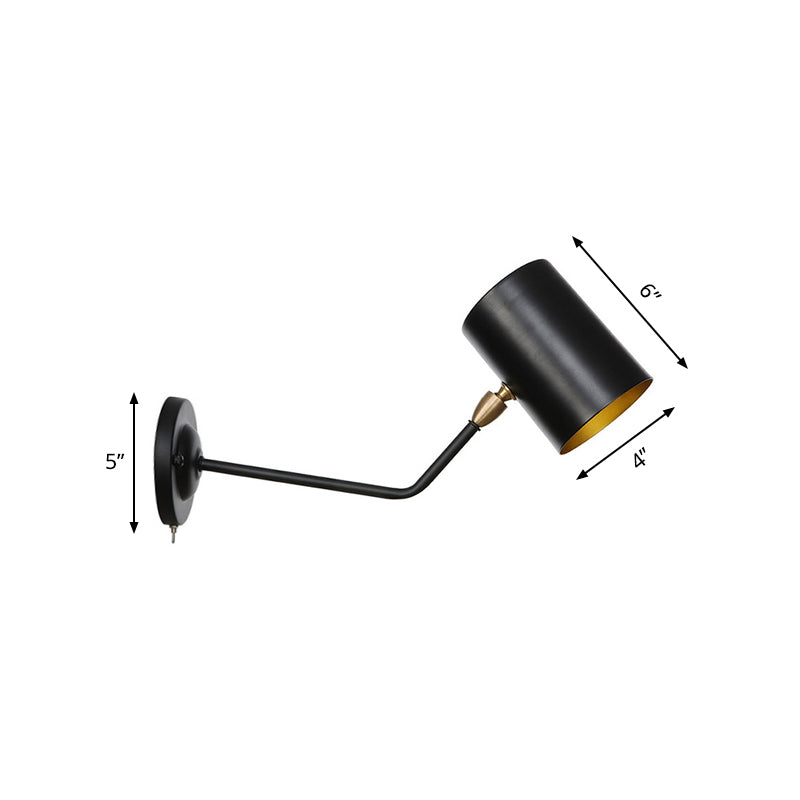 Angled Arm Iron Sconce Lighting Vintage 1-Light Study Room Wall Mount Lamp Fixture in Black with Cylinder Shade, 6"/10" H Clearhalo 'Art deco wall lights' 'Cast Iron' 'Glass' 'Industrial wall lights' 'Industrial' 'Middle century wall lights' 'Modern' 'Rustic wall lights' 'Tiffany' 'Traditional wall lights' 'Wall Lamps & Sconces' 'Wall Lights' Lighting' 537434