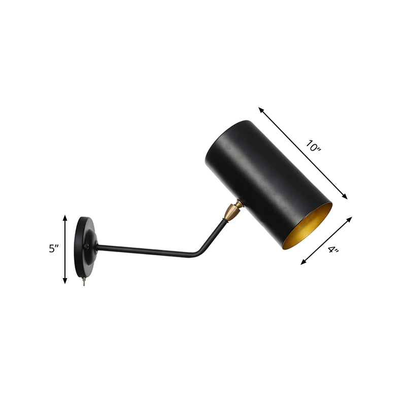 Angled Arm Iron Sconce Lighting Vintage 1-Light Study Room Wall Mount Lamp Fixture in Black with Cylinder Shade, 6"/10" H Clearhalo 'Art deco wall lights' 'Cast Iron' 'Glass' 'Industrial wall lights' 'Industrial' 'Middle century wall lights' 'Modern' 'Rustic wall lights' 'Tiffany' 'Traditional wall lights' 'Wall Lamps & Sconces' 'Wall Lights' Lighting' 537435