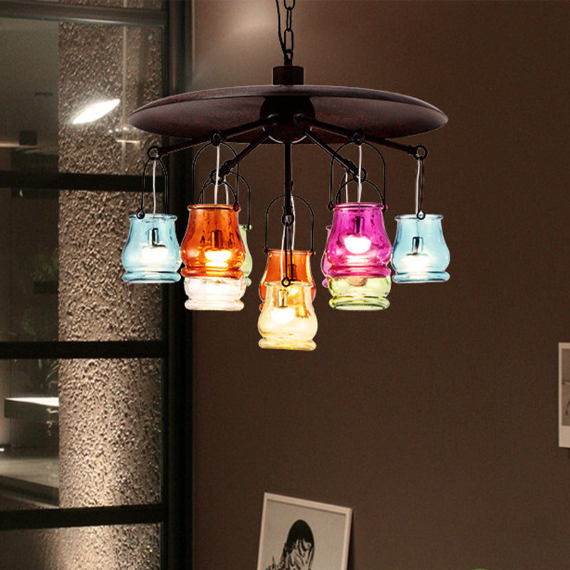 Industrial Can Pendant Lighting 10 Heads Arc Colorful Glass Chandelier Lamp Fixture in Black/Rust/Gold with Flat Metal Top Clearhalo 'Ceiling Lights' 'Chandeliers' 'Glass shade' 'Glass' 'Industrial Chandeliers' 'Industrial' 'Middle Century Chandeliers' 'Pendant Lights' 'Tiffany' Lighting' 537548