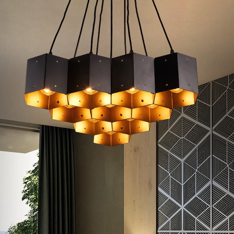 Hexagon Restaurant Pendant Chandelier Vintage Metal 7/10/11 Lights Black Down Lighting with Honeycomb Design Clearhalo 'Cast Iron' 'Ceiling Lights' 'Chandeliers' 'Industrial Chandeliers' 'Industrial' 'Metal' 'Middle Century Chandeliers' 'Rustic Chandeliers' 'Tiffany' Lighting' 537581