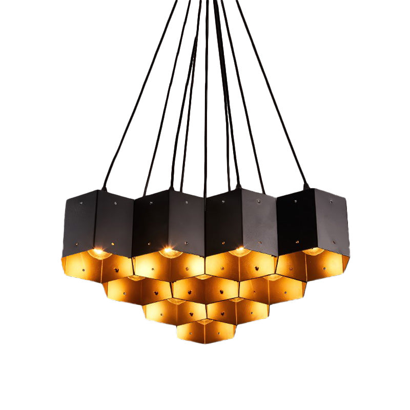 Hexagon Restaurant Pendant Chandelier Vintage Metal 7/10/11 Lights Black Down Lighting with Honeycomb Design Clearhalo 'Cast Iron' 'Ceiling Lights' 'Chandeliers' 'Industrial Chandeliers' 'Industrial' 'Metal' 'Middle Century Chandeliers' 'Rustic Chandeliers' 'Tiffany' Lighting' 537582