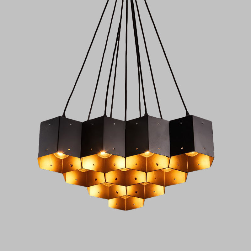 Hexagon Restaurant Pendant Chandelier Vintage Metal 7/10/11 Lights Black Down Lighting with Honeycomb Design Clearhalo 'Cast Iron' 'Ceiling Lights' 'Chandeliers' 'Industrial Chandeliers' 'Industrial' 'Metal' 'Middle Century Chandeliers' 'Rustic Chandeliers' 'Tiffany' Lighting' 537583