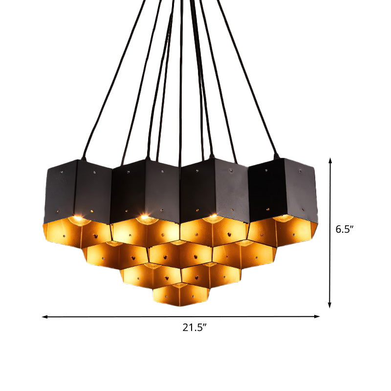 Hexagon Restaurant Pendant Chandelier Vintage Metal 7/10/11 Lights Black Down Lighting with Honeycomb Design Clearhalo 'Cast Iron' 'Ceiling Lights' 'Chandeliers' 'Industrial Chandeliers' 'Industrial' 'Metal' 'Middle Century Chandeliers' 'Rustic Chandeliers' 'Tiffany' Lighting' 537584