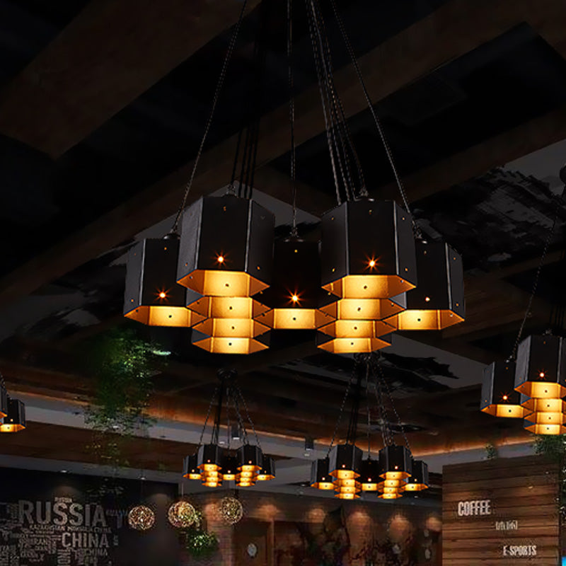 Hexagon Restaurant Pendant Chandelier Vintage Metal 7/10/11 Lights Black Down Lighting with Honeycomb Design Clearhalo 'Cast Iron' 'Ceiling Lights' 'Chandeliers' 'Industrial Chandeliers' 'Industrial' 'Metal' 'Middle Century Chandeliers' 'Rustic Chandeliers' 'Tiffany' Lighting' 537586