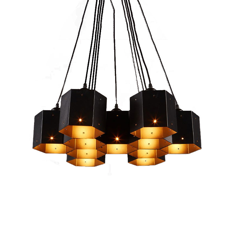 Hexagon Restaurant Pendant Chandelier Vintage Metal 7/10/11 Lights Black Down Lighting with Honeycomb Design Clearhalo 'Cast Iron' 'Ceiling Lights' 'Chandeliers' 'Industrial Chandeliers' 'Industrial' 'Metal' 'Middle Century Chandeliers' 'Rustic Chandeliers' 'Tiffany' Lighting' 537587