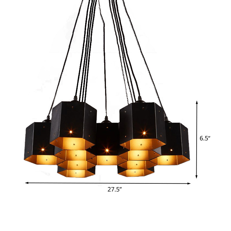 Hexagon Restaurant Pendant Chandelier Vintage Metal 7/10/11 Lights Black Down Lighting with Honeycomb Design Clearhalo 'Cast Iron' 'Ceiling Lights' 'Chandeliers' 'Industrial Chandeliers' 'Industrial' 'Metal' 'Middle Century Chandeliers' 'Rustic Chandeliers' 'Tiffany' Lighting' 537588