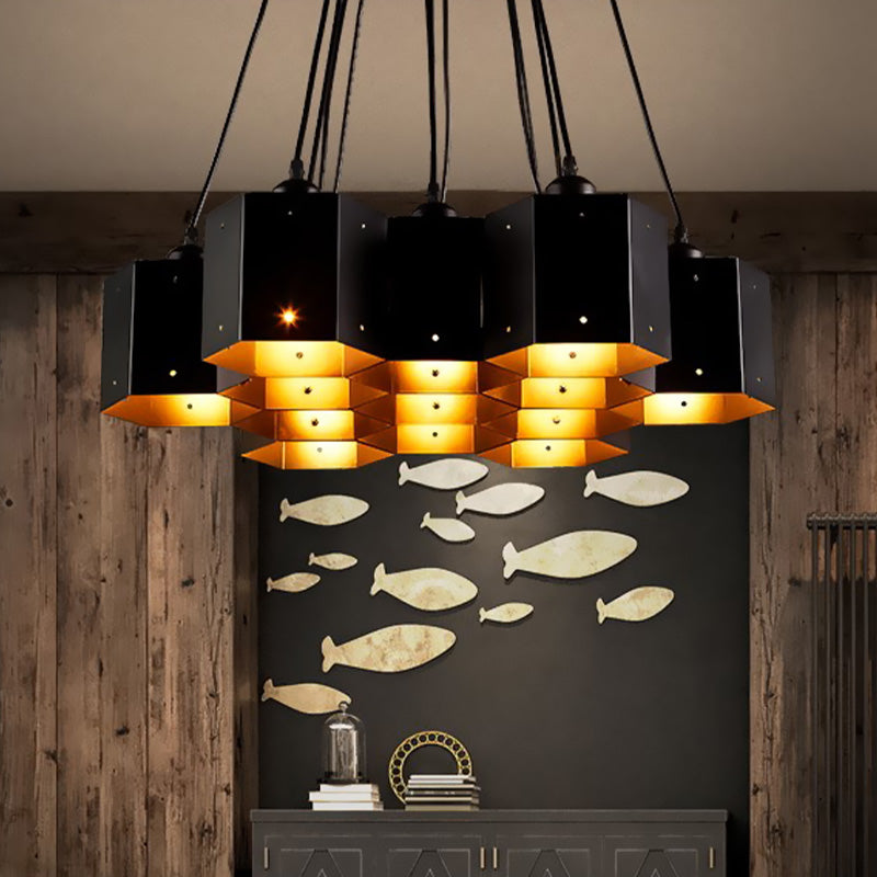 Hexagon Restaurant Pendant Chandelier Vintage Metal 7/10/11 Lights Black Down Lighting with Honeycomb Design 13 Black Clearhalo 'Cast Iron' 'Ceiling Lights' 'Chandeliers' 'Industrial Chandeliers' 'Industrial' 'Metal' 'Middle Century Chandeliers' 'Rustic Chandeliers' 'Tiffany' Lighting' 537589