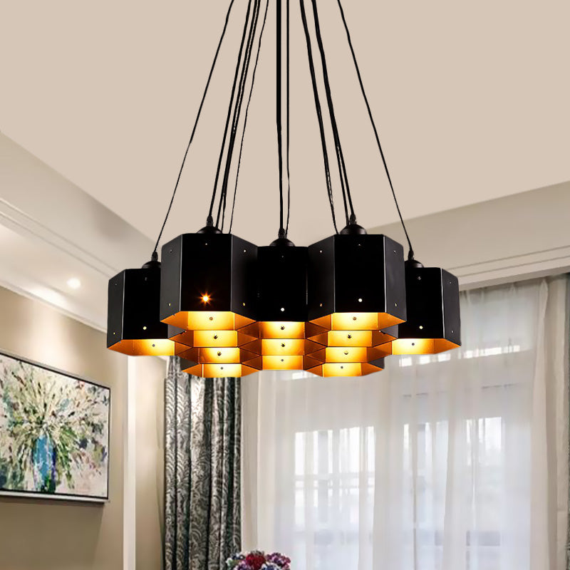 Hexagon Restaurant Pendant Chandelier Vintage Metal 7/10/11 Lights Black Down Lighting with Honeycomb Design Clearhalo 'Cast Iron' 'Ceiling Lights' 'Chandeliers' 'Industrial Chandeliers' 'Industrial' 'Metal' 'Middle Century Chandeliers' 'Rustic Chandeliers' 'Tiffany' Lighting' 537590