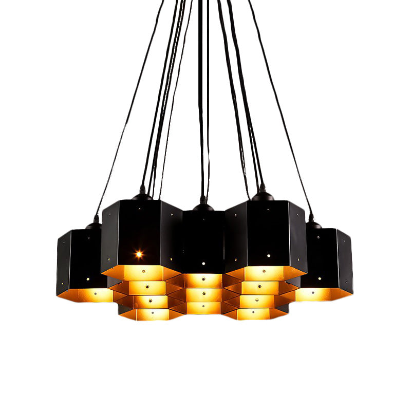 Hexagon Restaurant Pendant Chandelier Vintage Metal 7/10/11 Lights Black Down Lighting with Honeycomb Design Clearhalo 'Cast Iron' 'Ceiling Lights' 'Chandeliers' 'Industrial Chandeliers' 'Industrial' 'Metal' 'Middle Century Chandeliers' 'Rustic Chandeliers' 'Tiffany' Lighting' 537591
