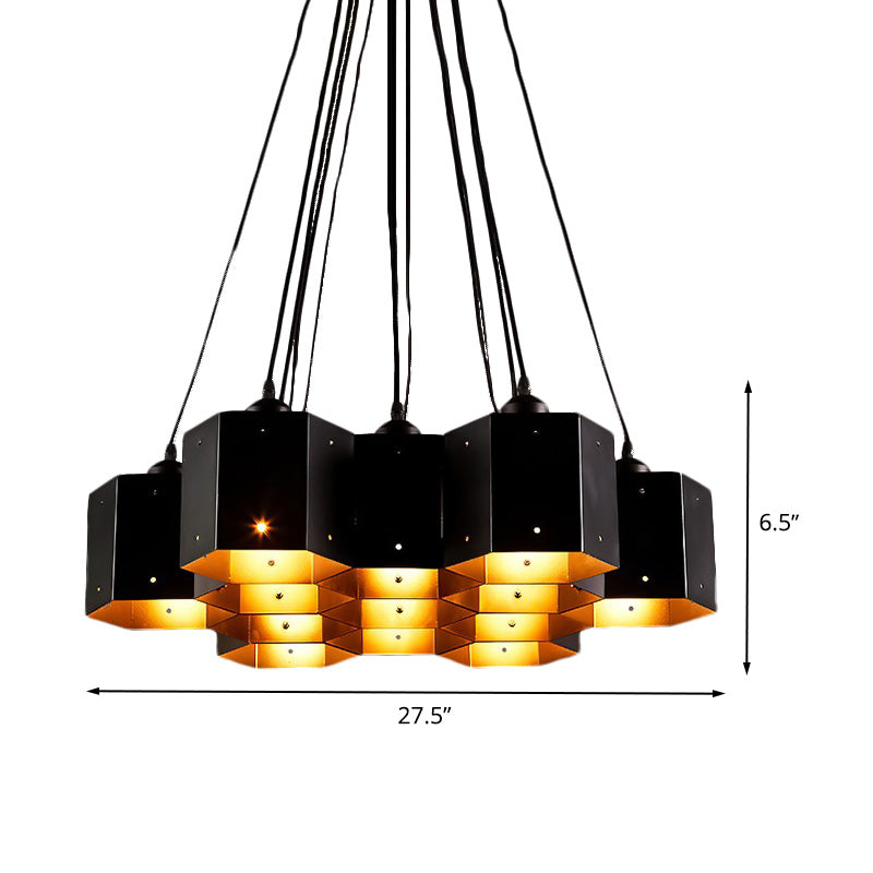Hexagon Restaurant Pendant Chandelier Vintage Metal 7/10/11 Lights Black Down Lighting with Honeycomb Design Clearhalo 'Cast Iron' 'Ceiling Lights' 'Chandeliers' 'Industrial Chandeliers' 'Industrial' 'Metal' 'Middle Century Chandeliers' 'Rustic Chandeliers' 'Tiffany' Lighting' 537592