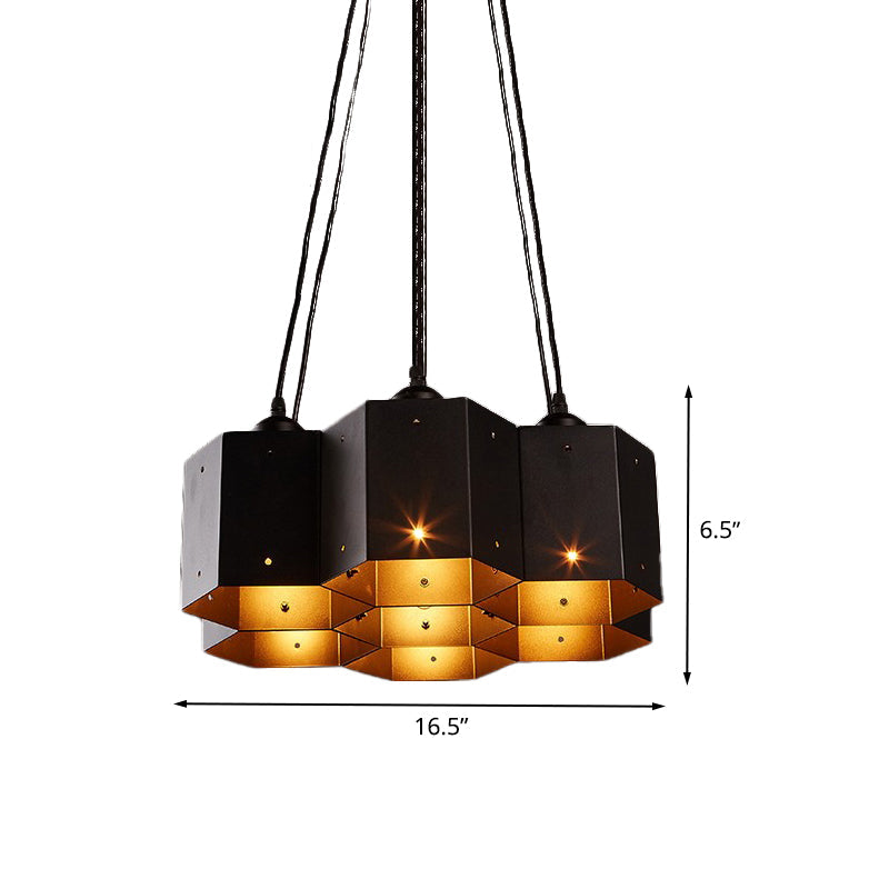 Hexagon Restaurant Pendant Chandelier Vintage Metal 7/10/11 Lights Black Down Lighting with Honeycomb Design Clearhalo 'Cast Iron' 'Ceiling Lights' 'Chandeliers' 'Industrial Chandeliers' 'Industrial' 'Metal' 'Middle Century Chandeliers' 'Rustic Chandeliers' 'Tiffany' Lighting' 537596