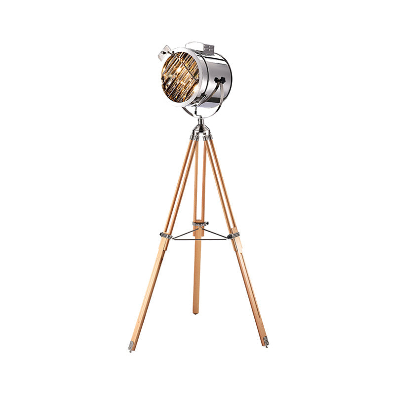 Metallic Cylinder Spotlight Industrial Style 1 Head Living Room Floor Lamp in Black/Wood with Tripod Clearhalo 'Floor Lamps' 'Lamps' Lighting' 537633