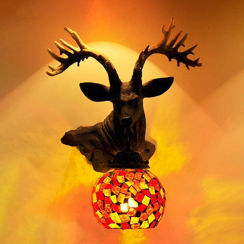 1 Light Wall Lighting Mediterranean Globe Stained Glass Sconce Light in Silver/White/Beige with Deer Head Deco Red Clearhalo 'Tiffany wall lights' 'Tiffany' 'Wall Lamps & Sconces' 'Wall Lights' Lighting' 541530_94659a9b-9d1e-4861-bea2-8d7fbeecb34c