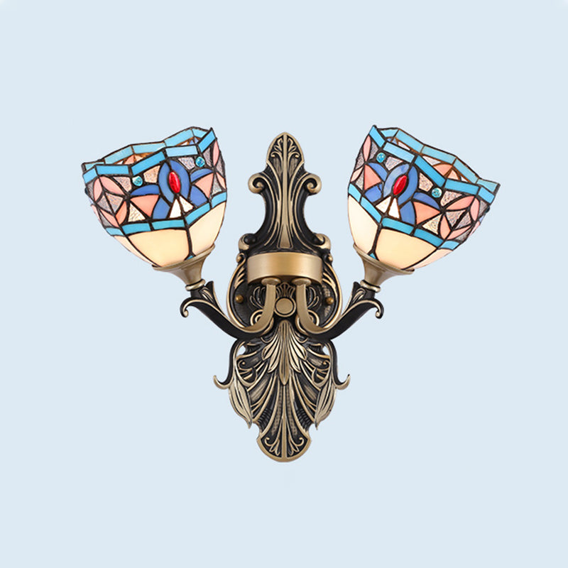2 Lights Wall Mounted Light Mediterranean Dome/Flower Stained Art Glass Sconce in Red/Pink/Orange for Bedroom Pink Clearhalo 'Industrial' 'Middle century wall lights' 'Tiffany wall lights' 'Tiffany' 'Wall Lamps & Sconces' 'Wall Lights' Lighting' 541540