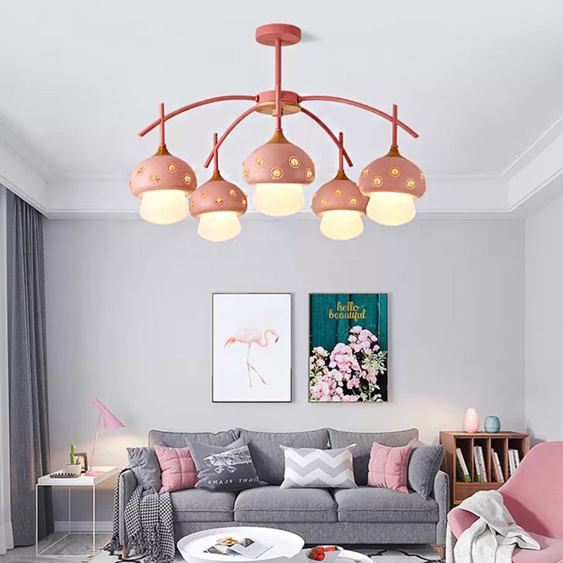 Metal Cartoon Mushroom Chandelier 5 Heads Kids Suspension Light for Girls Boys Bedroom Pink Clearhalo 'Ceiling Lights' 'Chandeliers' Lighting' options 54940_4ffaa59f-b866-4e94-96c0-ac657184f452