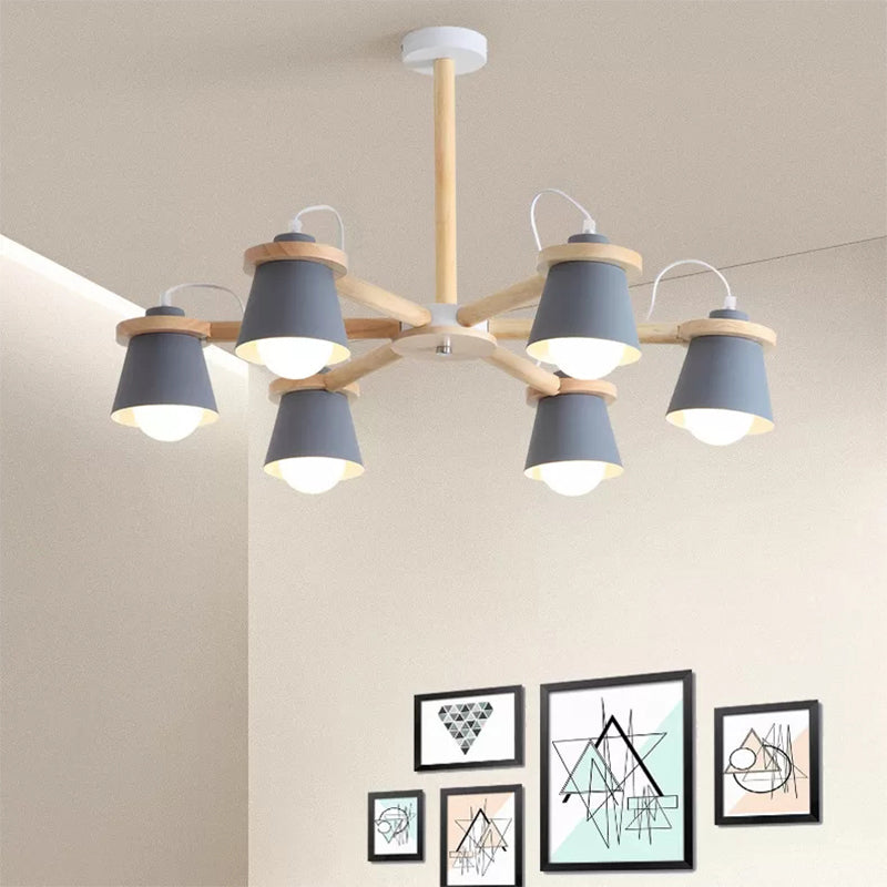 6 Lights Bucket Shade Chandelier Macaron Metal Ceiling Pendant Light for Kindergarten Grey Clearhalo 'Ceiling Lights' 'Chandeliers' Lighting' options 55253_8d88dd64-8bcb-4aa5-9653-d78576cc9ffc