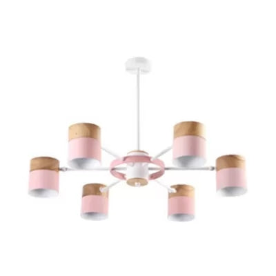 Rotatable Metal Cylinder Chandelier Macaron Style Modern Ceiling Light for Nursing Room 6 Pink Clearhalo 'Ceiling Lights' 'Chandeliers' Lighting' options 55377_155e2d8f-d553-43d9-b609-e32fbb318198