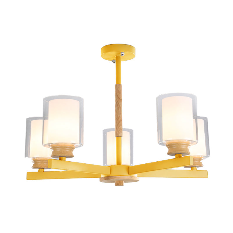 Cylindrical Shade Suspension Light Macaron Style Metallic Chandelier for Kid Bedroom 5 Yellow Clearhalo 'Ceiling Lights' 'Chandeliers' 'Glass shade' 'Glass' 'Pendant Lights' Lighting' 55576