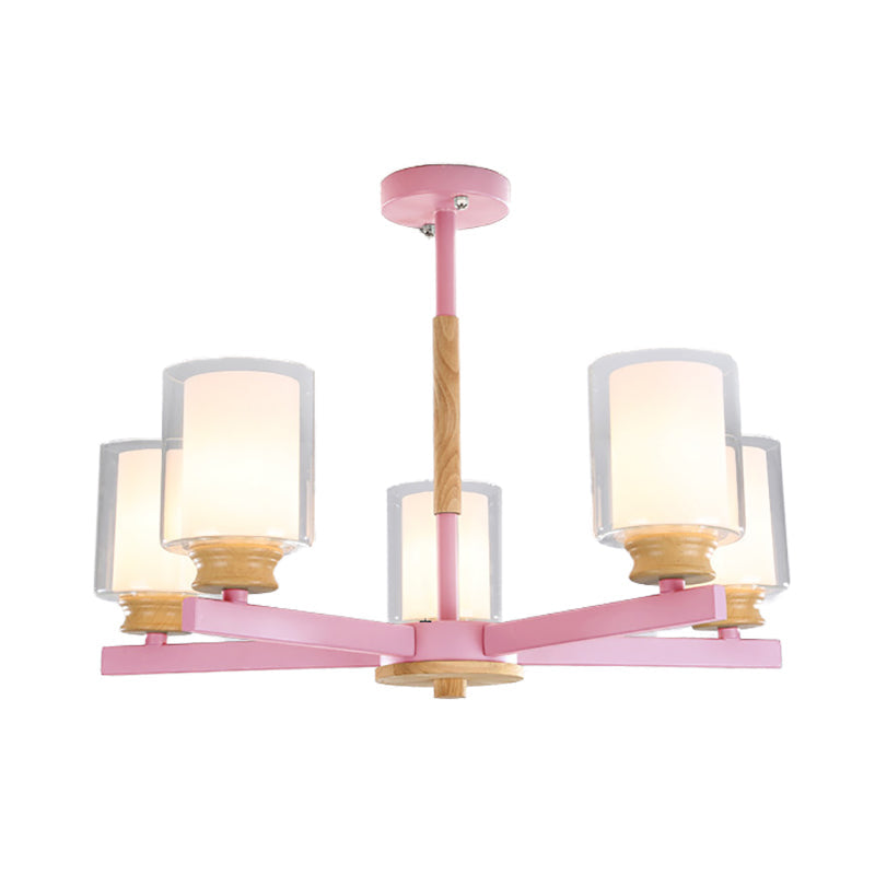 Cylindrical Shade Suspension Light Macaron Style Metallic Chandelier for Kid Bedroom Clearhalo 'Ceiling Lights' 'Chandeliers' 'Glass shade' 'Glass' 'Pendant Lights' Lighting' 55589