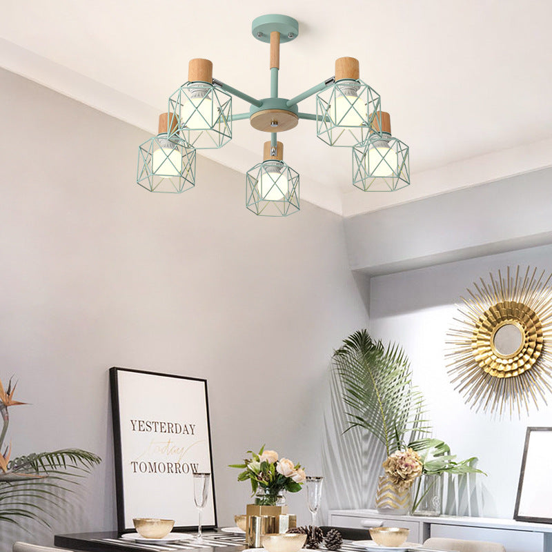 Cage Shade Ceiling Pendant Light Macaron Stylish Metal Hanging Light for Nursing Room 5 Blue Clearhalo 'Ceiling Lights' 'Chandeliers' Lighting' options 55699_f653e46d-b5b7-406e-97ba-b8c5fbe26f6e