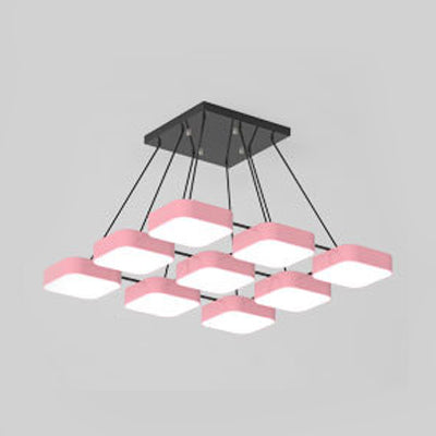 Square Shade Kindergarten Chandelier Acrylic Macaron Style Pendant Light 9 Pink Clearhalo 'Ceiling Lights' 'Chandeliers' Lighting' options 55749_88e699cd-bb23-4978-b360-b5de184f309e