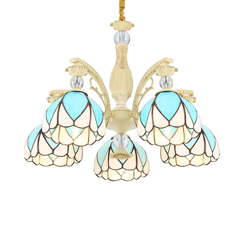 Dome Chandelier Lamp Tiffany Style 3/6/9 Lights Sky Blue Down Lighting Pendant for Bedroom Clearhalo 'Ceiling Lights' 'Chandeliers' 'Industrial' 'Middle Century Chandeliers' 'Pendant Lights' 'Tiffany Chandeliers' 'Tiffany close to ceiling' 'Tiffany' Lighting' 559436