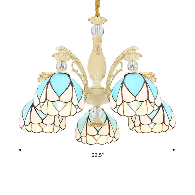 Dome Chandelier Lamp Tiffany Style 3/6/9 Lights Sky Blue Down Lighting Pendant for Bedroom Clearhalo 'Ceiling Lights' 'Chandeliers' 'Industrial' 'Middle Century Chandeliers' 'Pendant Lights' 'Tiffany Chandeliers' 'Tiffany close to ceiling' 'Tiffany' Lighting' 559437