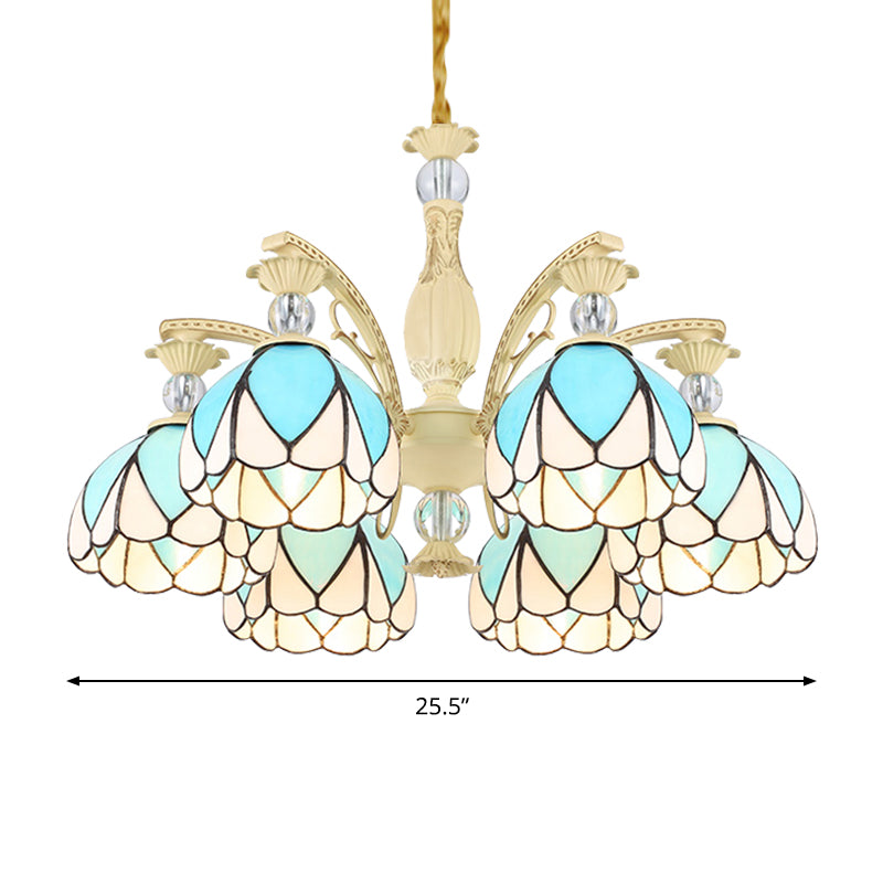 Dome Chandelier Lamp Tiffany Style 3/6/9 Lights Sky Blue Down Lighting Pendant for Bedroom Clearhalo 'Ceiling Lights' 'Chandeliers' 'Industrial' 'Middle Century Chandeliers' 'Pendant Lights' 'Tiffany Chandeliers' 'Tiffany close to ceiling' 'Tiffany' Lighting' 559441