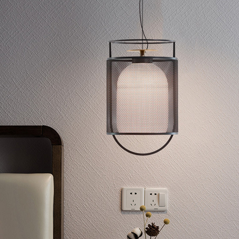 Black Half Capsule Drop Pendant Modern Single Milk Glass Shade Ceiling Light with Mesh Screen Clearhalo 'Ceiling Lights' 'Modern Pendants' 'Modern' 'Pendant Lights' 'Pendants' Lighting' 559741