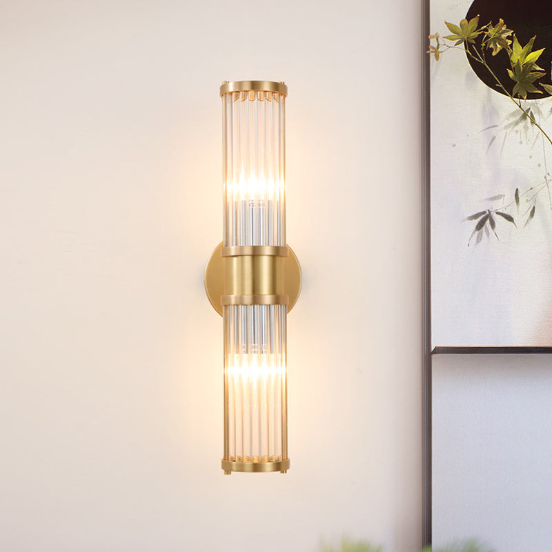 1/2-Light Corridor Wall Light Fixture Modernist Stylish Golden Wall Sconce with Cylindrical Clear Crystal Shade Clearhalo 'Art deco wall lights' 'Cast Iron' 'Glass' 'Industrial wall lights' 'Industrial' 'Middle century wall lights' 'Modern' 'Rustic wall lights' 'Tiffany' 'Traditional wall lights' 'Wall Lamps & Sconces' 'Wall Lights' Lighting' 559866