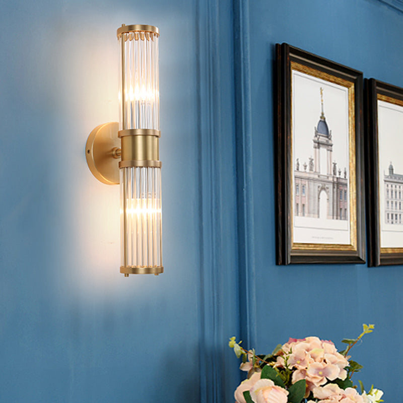 1/2-Light Corridor Wall Light Fixture Modernist Stylish Golden Wall Sconce with Cylindrical Clear Crystal Shade Clearhalo 'Art deco wall lights' 'Cast Iron' 'Glass' 'Industrial wall lights' 'Industrial' 'Middle century wall lights' 'Modern' 'Rustic wall lights' 'Tiffany' 'Traditional wall lights' 'Wall Lamps & Sconces' 'Wall Lights' Lighting' 559867