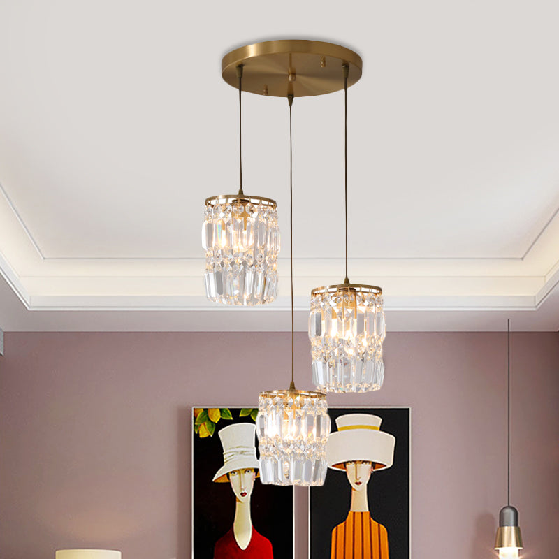 2 Layers Prismatic Crystal Hanging Light Modernism 3 Lights Gold Pendant Light with Linear/Round Canopy Clearhalo 'Ceiling Lights' 'Modern Pendants' 'Modern' 'Pendant Lights' 'Pendants' Lighting' 559911