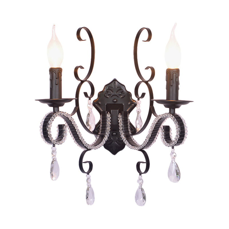 Vintage Candle Wall Mounted Lamp Metal 1/2-Head Bedroom Wall Light with Clear Crystal Accent in Black Finish Clearhalo 'Cast Iron' 'Glass' 'Industrial' 'Modern wall lights' 'Modern' 'Tiffany' 'Traditional wall lights' 'Wall Lamps & Sconces' 'Wall Lights' Lighting' 560063