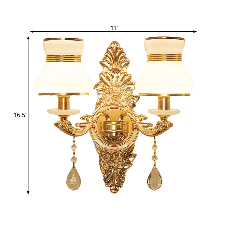 Bell Shade Living Room Wall Sconce Frosted Glass 1/2-Bulb Modern Style Wall Lighting with Carved Backplate in Gold Clearhalo 'Modern wall lights' 'Modern' 'Wall Lamps & Sconces' 'Wall Lights' Lighting' 560090