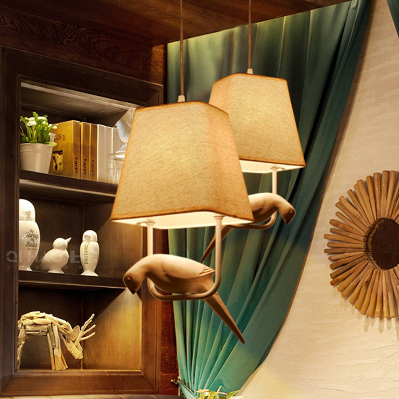 Trapezoid Dining Room Hanging Light Kit Traditional Fabric 1/2/3 Light White Pendant Lighting with Bird 1 White Clearhalo 'Ceiling Lights' 'Pendant Lights' 'Pendants' Lighting' 560258_139e848f-a025-4605-a521-8549e1ec296f