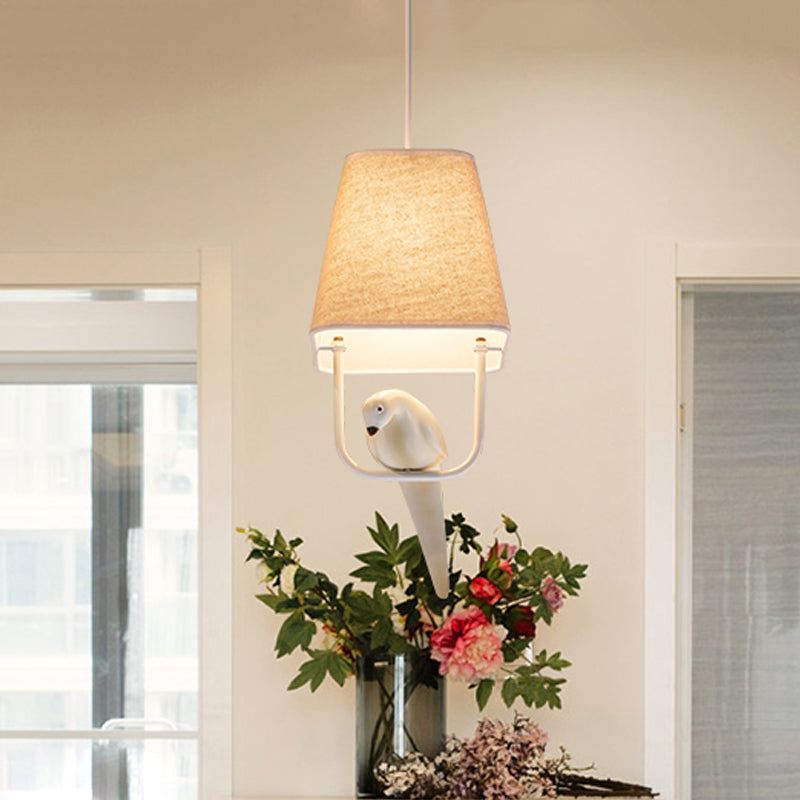 Trapezoid Dining Room Hanging Light Kit Traditional Fabric 1/2/3 Light White Pendant Lighting with Bird Clearhalo 'Ceiling Lights' 'Pendant Lights' 'Pendants' Lighting' 560260