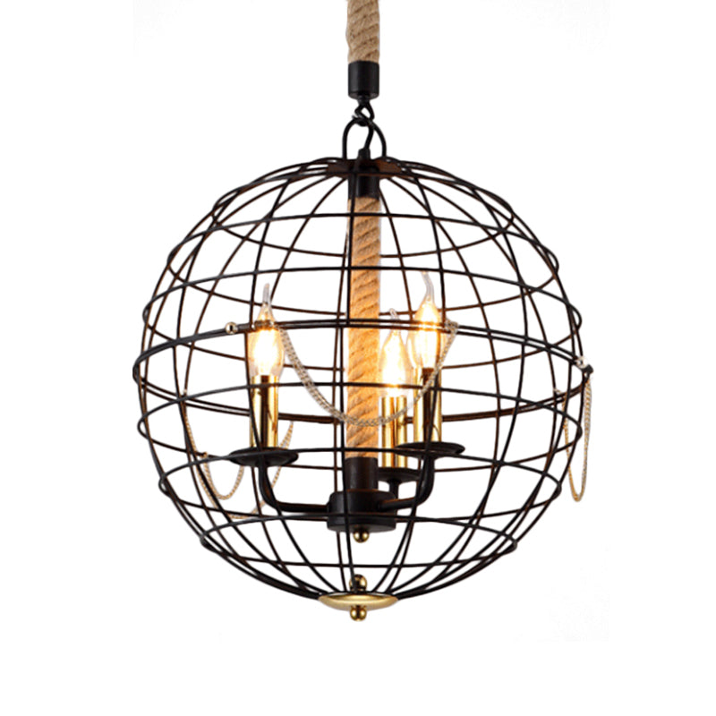 Candle Living Room Pendant Chandelier Traditional Metal 3/4 Lights Black Hanging Fixture with Globe Cage Clearhalo 'Ceiling Lights' 'Chandeliers' Lighting' options 560313