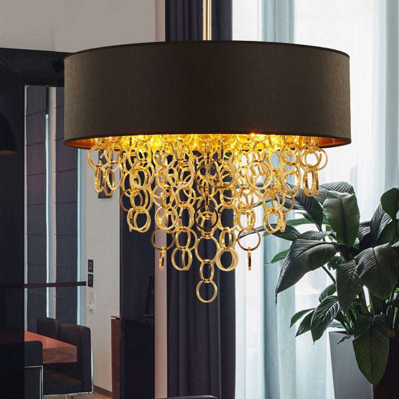 Cylinder Fabric Chandelier Lighting Vintage 3 Lights Living Room Pendant Lighting in Black with Gold Ring, 18"/23.5" Wide Clearhalo 'Ceiling Lights' 'Chandeliers' Lighting' options 560486