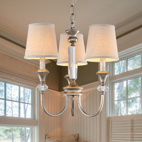 Cone Living Room Pendant Chandelier Traditional Fabric 3/6 Lights White Hanging Fixture with Curved Arm 3 White Clearhalo 'Ceiling Lights' 'Chandeliers' Lighting' options 560580_b2d9678d-f1ad-4c2b-aeb7-7138e83ecdfd