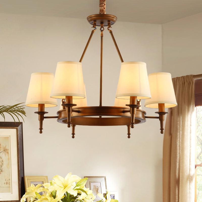 Conical Living Room Ceiling Chandelier Classic Fabric 3/6/8 Lights Antique Brass Hanging Fixture 6 Antique Brass Clearhalo 'Ceiling Lights' 'Chandeliers' Lighting' options 560686_27eba9ca-f5f4-4091-94a6-f8dfa3b50cb2