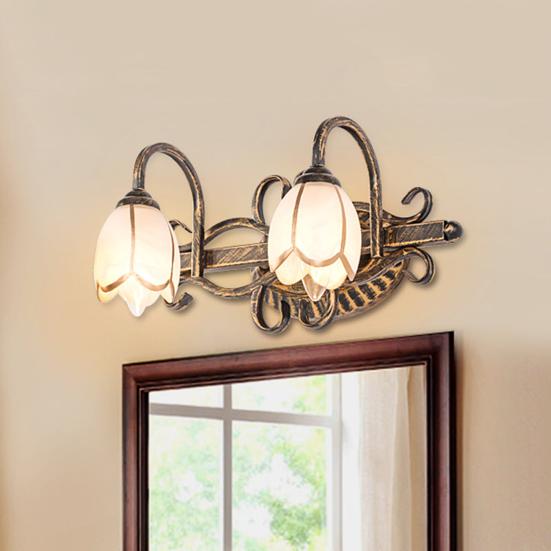 2/3 Lights Frosted Glass Vanity Light Fixture Traditional Antique Brass Flower Shape Bathroom Lighting Fixture Clearhalo 'Vanity Lights' 'Wall Lights' Lighting' 560818
