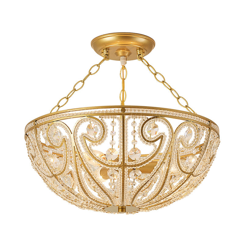 Bowl Shape Bedroom Flush Mount Lamp Crystal 1 Light Contemporary Semi Mount Lighting in Gold Clearhalo 'Ceiling Lights' 'Close To Ceiling Lights' 'Close to ceiling' 'Semi-flushmount' Lighting' 560893