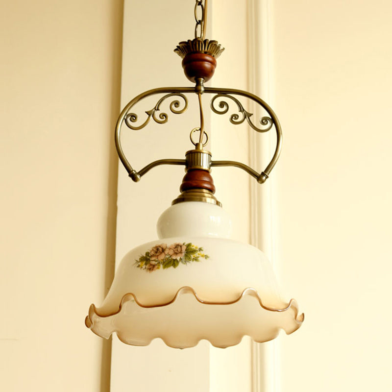 White 1 Light Pendant Light Fixture Traditional Glass Barn Suspension Light with Scalloped Edge Clearhalo 'Ceiling Lights' 'Glass shade' 'Glass' 'Pendant Lights' 'Pendants' Lighting' 560989