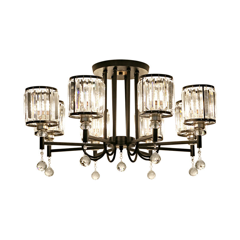 Black Cylinder Semi Flush Ceiling Light Modernist Clear Crystal 3/6/8 Heads Ceiling Lamp for Bedroom Clearhalo 'Ceiling Lights' 'Close To Ceiling Lights' 'Close to ceiling' 'Semi-flushmount' Lighting' 561733