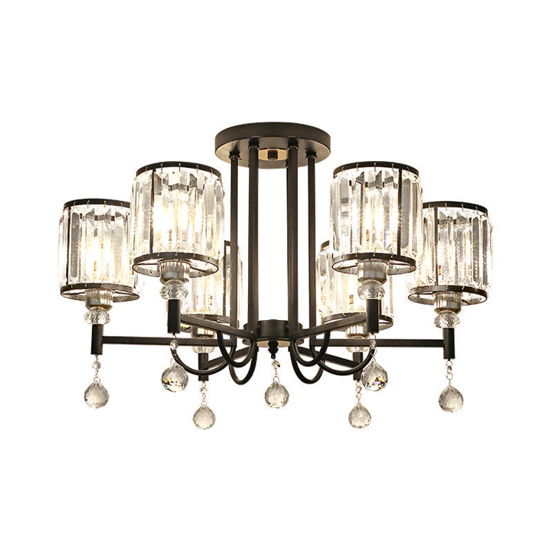 Black Cylinder Semi Flush Ceiling Light Modernist Clear Crystal 3/6/8 Heads Ceiling Lamp for Bedroom Clearhalo 'Ceiling Lights' 'Close To Ceiling Lights' 'Close to ceiling' 'Semi-flushmount' Lighting' 561738