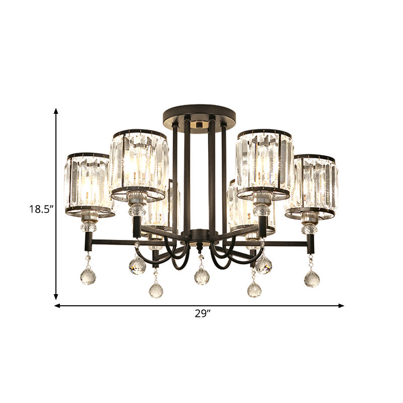Black Cylinder Semi Flush Ceiling Light Modernist Clear Crystal 3/6/8 Heads Ceiling Lamp for Bedroom Clearhalo 'Ceiling Lights' 'Close To Ceiling Lights' 'Close to ceiling' 'Semi-flushmount' Lighting' 561739